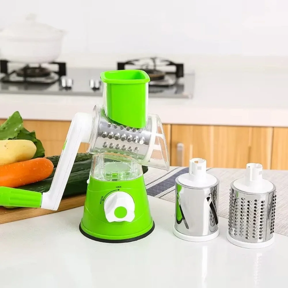 Manual Rotary Vegetable Cutter & Grater 3-Blade – Kitchen Food‎ Slicer, Green